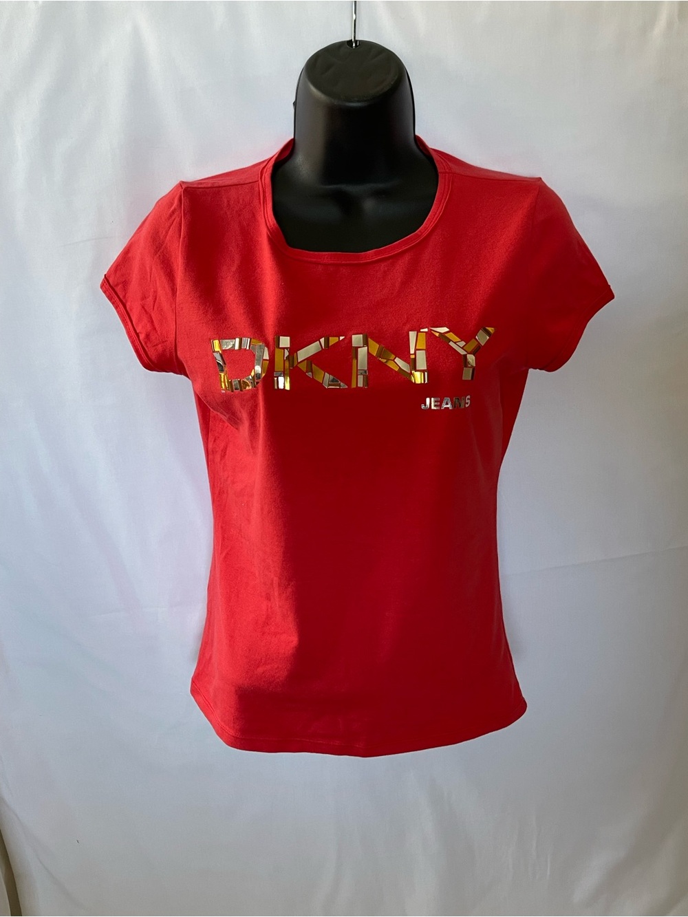 DKNY Red Short-Sleeve Logo Tee with Metallic Gold Accent